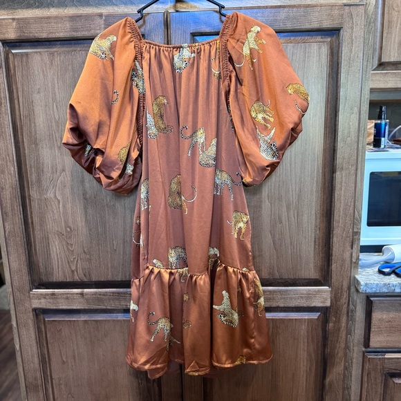 Entro Cheetah Print Puff Sleeve Tiered Mini Dress | Size Small - Picture 2 of 7